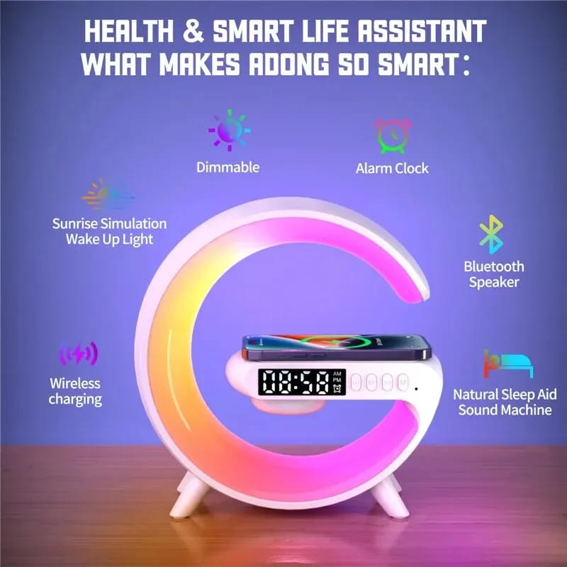 G Shape Led Lamp Wireless Charger Pad Stand Speaker TF Card RGB Night Light Lamp Alarm Clock Fast Charging Station Dock for iPhone Samsung Xiaomi